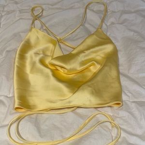Yellow satin cowelneck tie back top